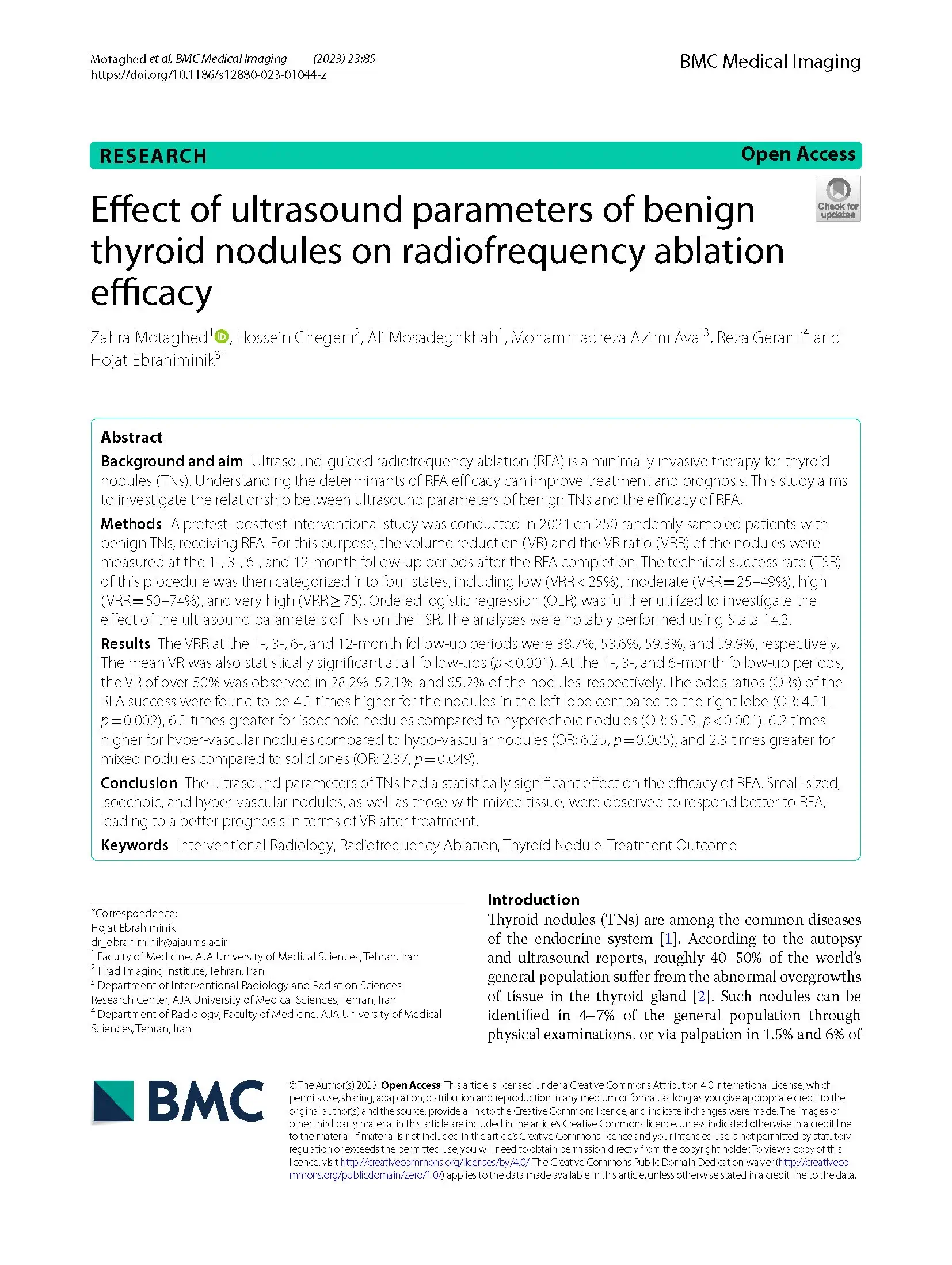 Effect of ultrasound parameters of benign thyroid nodules on radiofrequency ablation efficacy