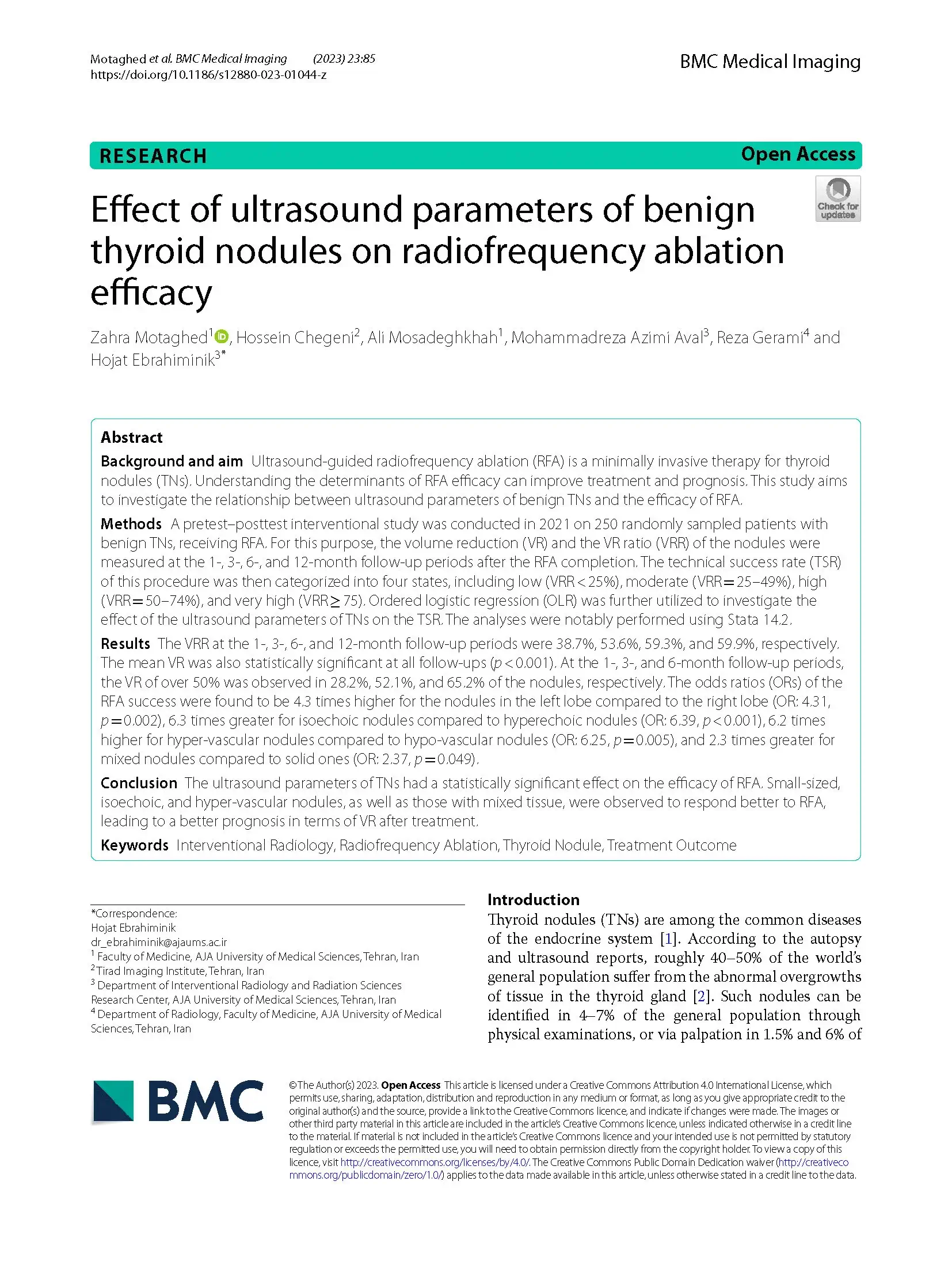 Effect of ultrasound parameters of benign thyroid nodules on radiofrequency ablation efficacy Effect of ultrasound parameters of benign thyroid nodules on radiofrequency ablation efficacy
